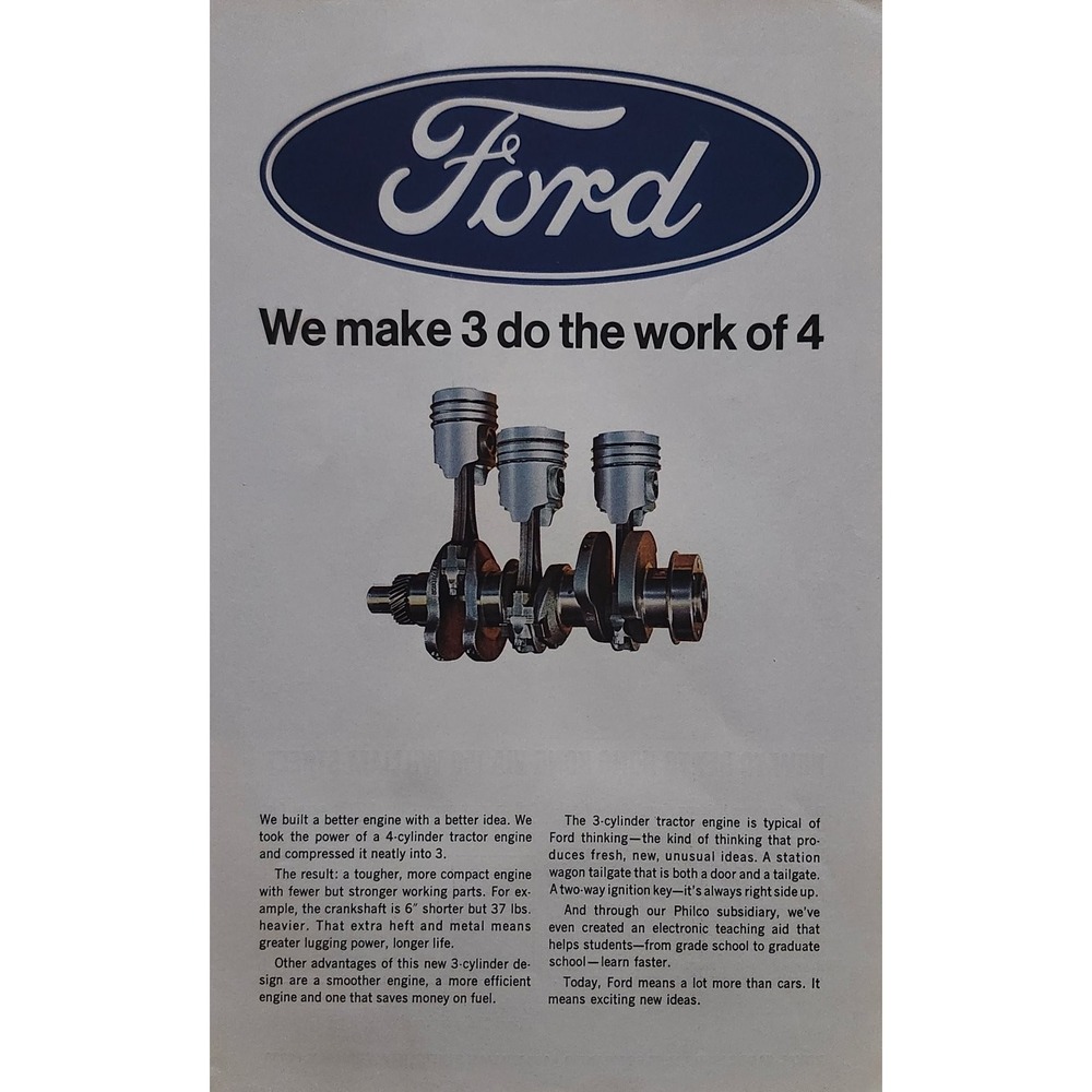 Vintage 1966 Ford Magazine Ad Engine Innovation Philco 3-Cylinder Tractor Print